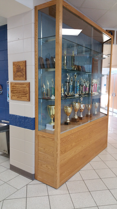 custom trophy display case in shell lake high school