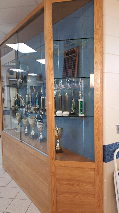 custom trophy display case at shell lake high school 