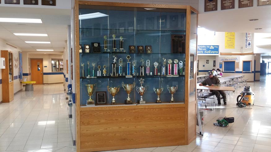 One of the Trophy display cases at Shell Lake High School.