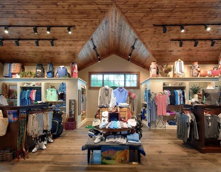 A view of the custom ceiling as well as merchandising displays and shelving at Lake Toxoway Golf Club