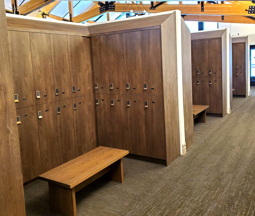 Installed locker bays in the Birch Hill Ski and Snowboarding Lodge | DP Juza Custom Woodworking
